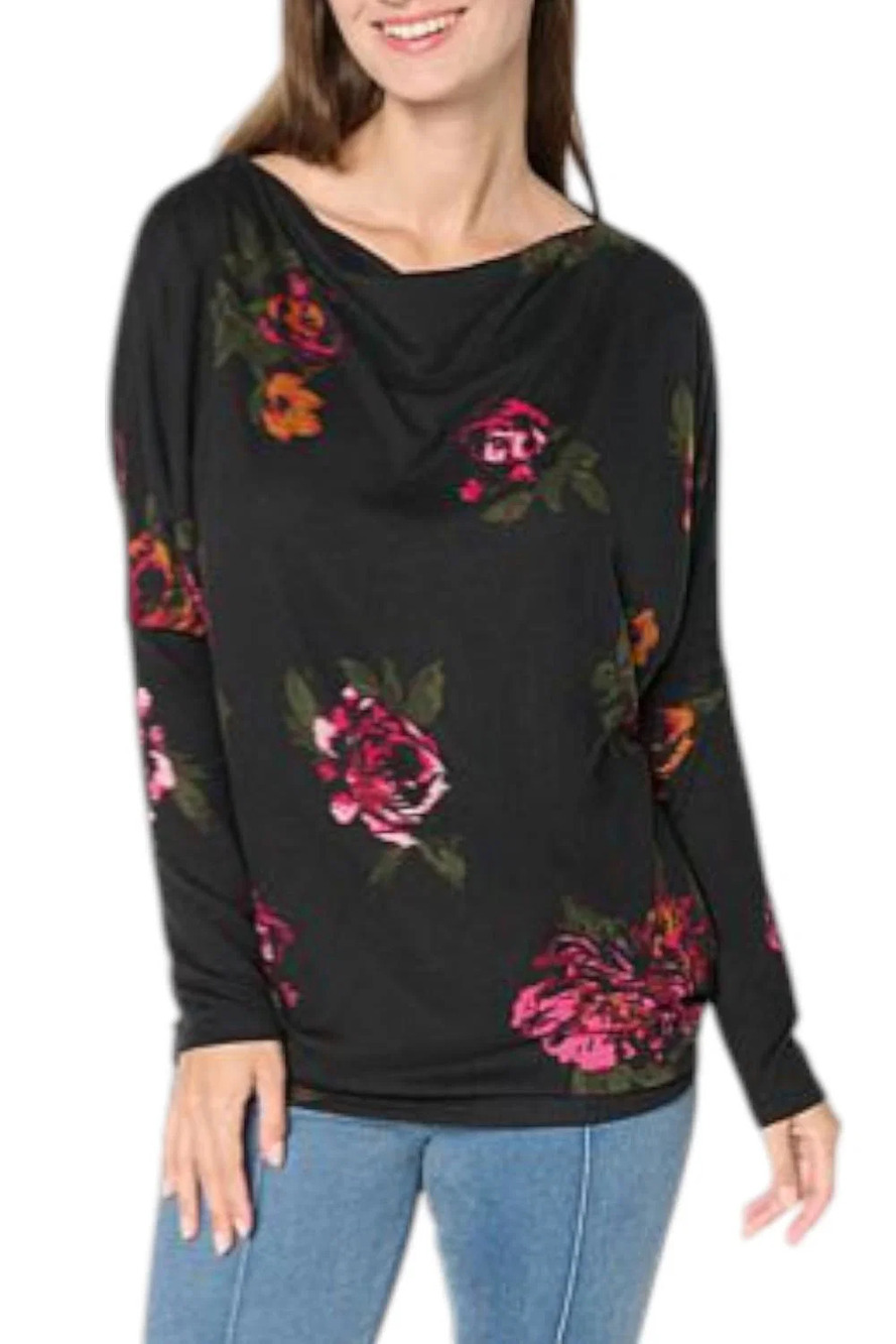 Comfort Code Women's So Soft Sweater Knit Draped Tunic Black Floral - Regular